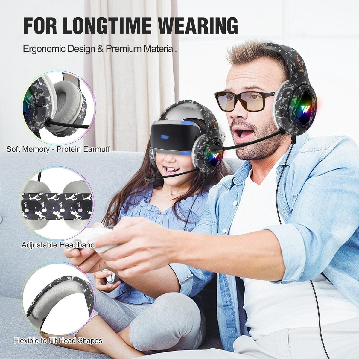 WINTORY M1 RGB light gaming headset met stereo microfoon voor PS4/PS5-laptops-Xbox One - Camouflage Zwart