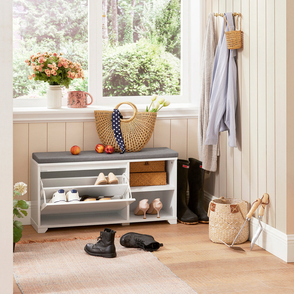 SoBuy FSR119-W Schoenenkast met zitvlak - 90 x 24 x 46 cm - Wit/ Grijs