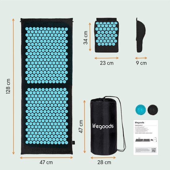 LifeGoods Acupressuur Mat XL - met Kussen - Shakti mat - Spijkermat Incl. 2x Triggerpoint Bal - 128x48x2cm - Zwart/Turquoise