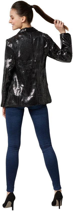 Dressforfun Paillettenjas dames zwart L - verkleedkleding kostuum halloween verkleden feestkleding carnavalskleding carnaval feestkledij partykleding - 303858
