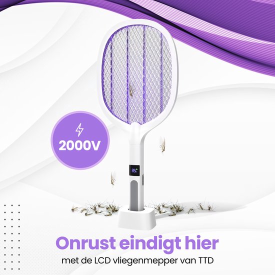 TTD® Premium Elektrische Vliegenmepper en Muggenlamp Oplaadbaar met XXL 2 Meter Oplaadkabel en LCD Scherm - 2 Standen Vliegenmepper en Muggenlamp - 2500 Volt - Oplaadbaar via USB en Stopcontact - Met Veiligheidsnet - UV-Licht - Vliegenvanger
