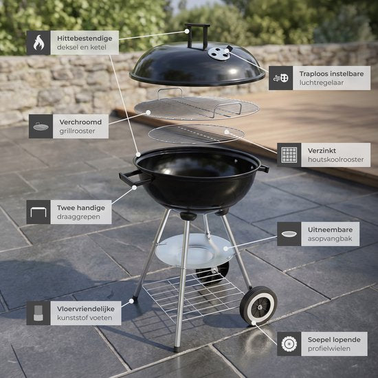tectake® Houtskool Barbecue - Kogel BBQ - Ø 41,5 cm Grillplaat - Grill met 2 Wielen - Smoker met Deksel - Rond - Zwart - Metaal