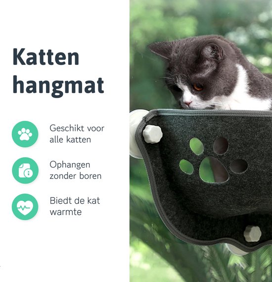 LBB Kattenhangmat - Voor aan het raam - Kom vorm - Kattenmand - Raam - Hangmat kat - Dieren - Kattenbed - Kattenmand - Slaapplek - Ligplaats - Grijs