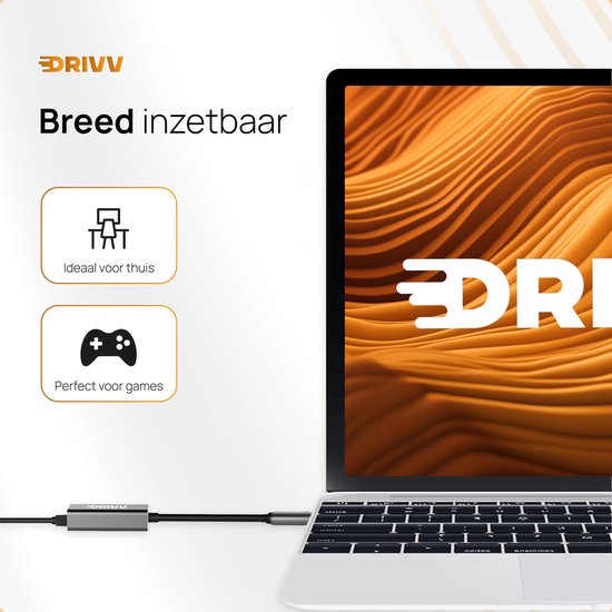 Drivv. USB-C naar Ethernet Adapter / Internet / Netwerk - 10/100/1000 MBps - Grijs