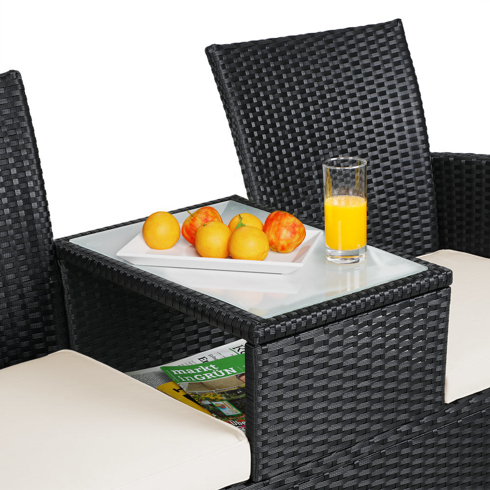 Casaria Polyrattan Tuinbank - Incl. Kussen Tafel 143x55x88 cm Zwart