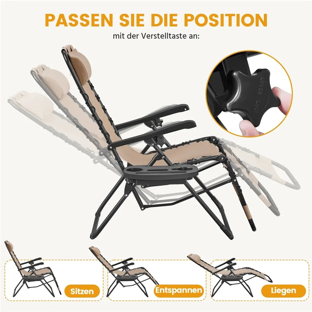 Yaheetech Set van 2 Zero Gravity Ligstoelen - Beige - Opvouwbare Relaxstoelen met Hoofdkussen en Bekerhouder