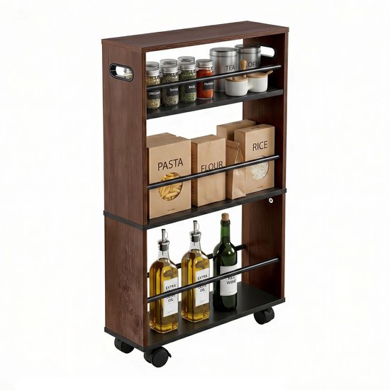 Keukentrolley op wieltjes - 80 x 15 x 45 cm - smal - zwart-bruin