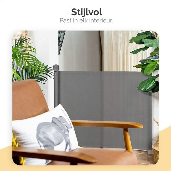 Goliving Oprolbaar Traphekje - Veiligheidshekje - Kinderhekje - Push & Turn - 10 tot 150 cm Breed - Aluminium frame - Mesh - Grijs