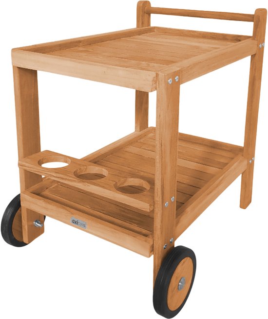 AXI Miri Teak Serveerwagen – 70 x 48 x 70 cm - Teakhout – Met 2 Wielen en 3 Flessenhouders – Buiten en Binnen – Voor Tuin, Terras en Balkon