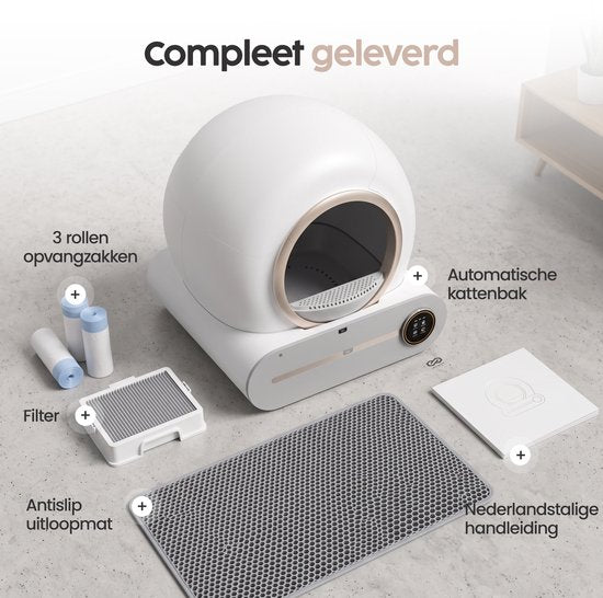 Infinity Goods Automatische Kattenbak XXL - Zelfreinigende Kattenbak - Incl. App - 75L - Met Kattenbakmat en 3 Rollen Opbergzakjes - Wit/Roségoud