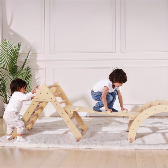 Sunny Charlie 3-in-1 Klimrek van hout Naturel– Montessori speelgoed - Klimboog - Klimdriehoek - FSC Mix