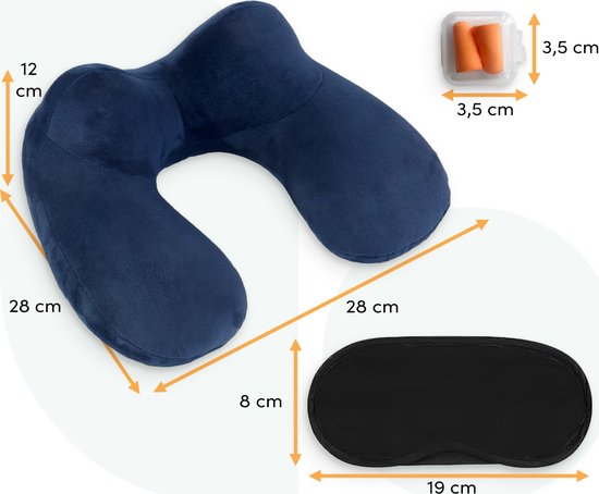 Loti Opblaasbaar Nekkussen set 3 in 1 met Opbergtasje - Vliegtuig Kussen - Reiskussentje - Fluweel - Inclusief slaapmasker en oordoppen – Blauw