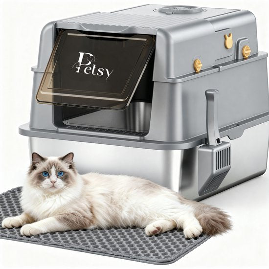 Petsy® - Premium Kattenbak RVS Pro - XXL - Incl. Geurneutralisator - Incl. Kattenbakschep, Grit Opvanger & Uitloopmat - Voor Grote & Kleine Katten - 37L Inhoud Groot -