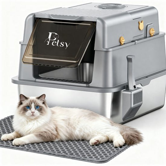 Petsy® - Premium Kattenbak RVS Pro - XXL - Incl. Geurneutralisator - Incl. Kattenbakschep, Grit Opvanger & Uitloopmat - Voor Grote & Kleine Katten - 37L Inhoud Groot -