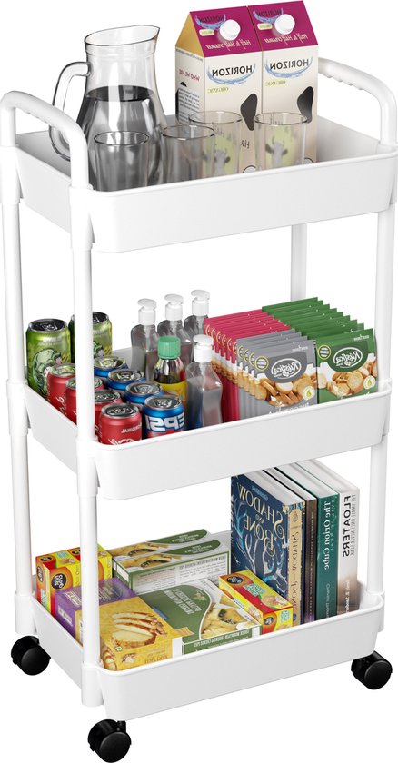 Posity Keukentrolley op wieltjes – Serveerwagen / Opbergtrolley / Keukenrek / Trolley Keuken – Verrijdbaar en Vast – 3 Lagen – Kunststof – Wit