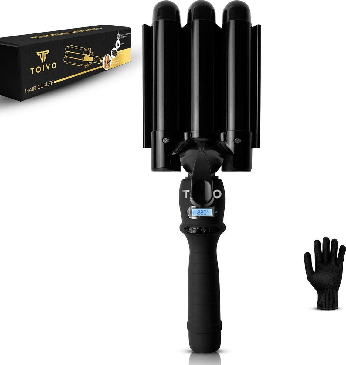 Toivo Wafeltang 22mm - Incl. Beschermingshandschoen - Wave Krultang - Golvenkrultang - Haar - Waver -Beach Waves - Zwart