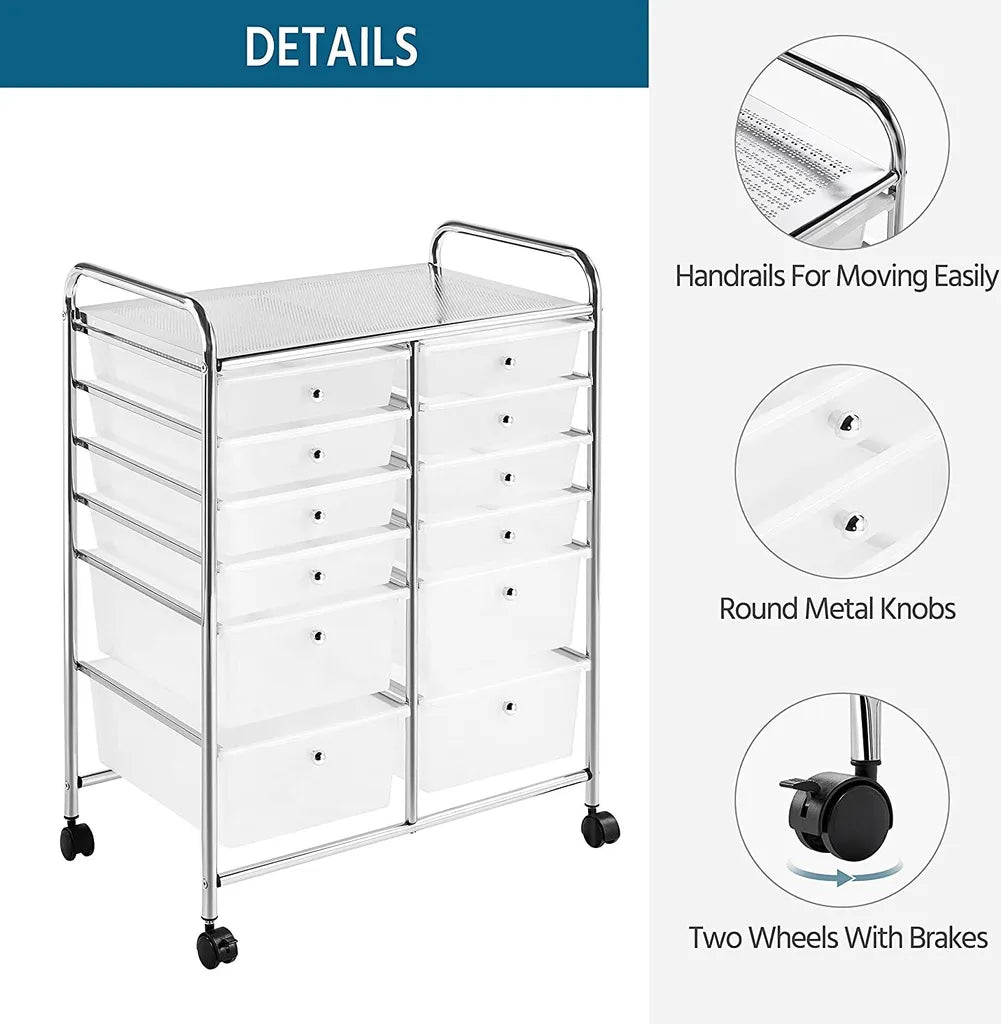 Rolwagen met 12 Lades op Wielen Metalen Frame en Handgrepen Wit 63 × 38,5 × 82 cm