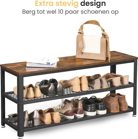 Goliving Schoenenrek – Schoenenbank – Halbank – Industrieel – 30 x 80 x 45 cm – Metaal – Bruin Hout
