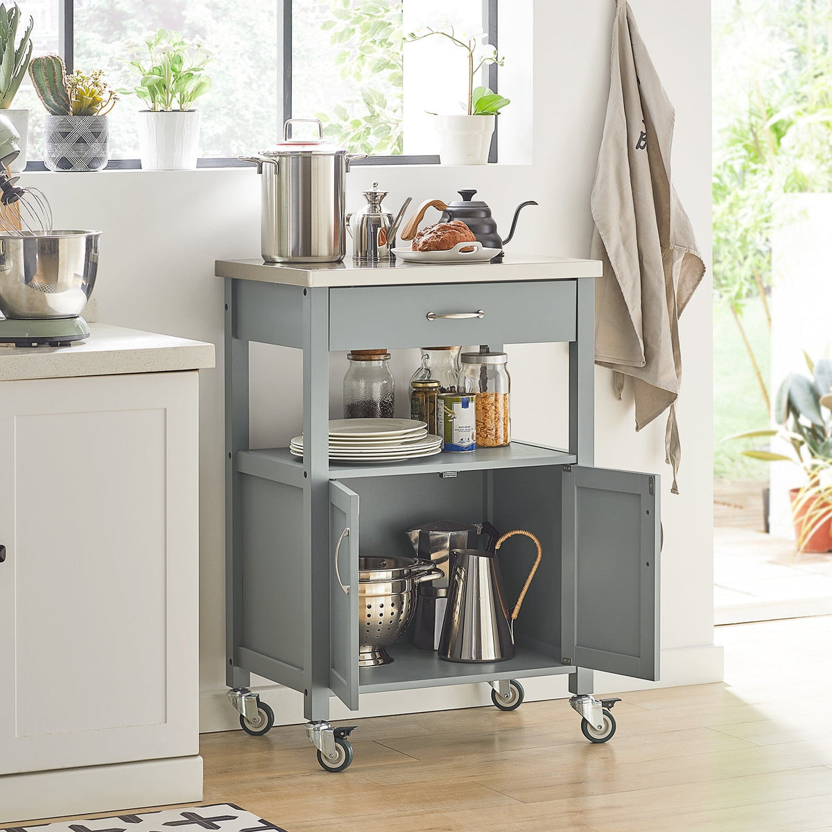 SoBuy Keukenwagen met 1 lade en 2 deuren - Max. 30KG - 60 x 44 x 92 cm - Grijs