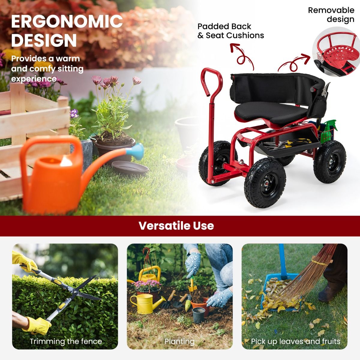 Coast Tuinwagen met rolzitting - uittrekbare handgreep - opbergruimte - rood