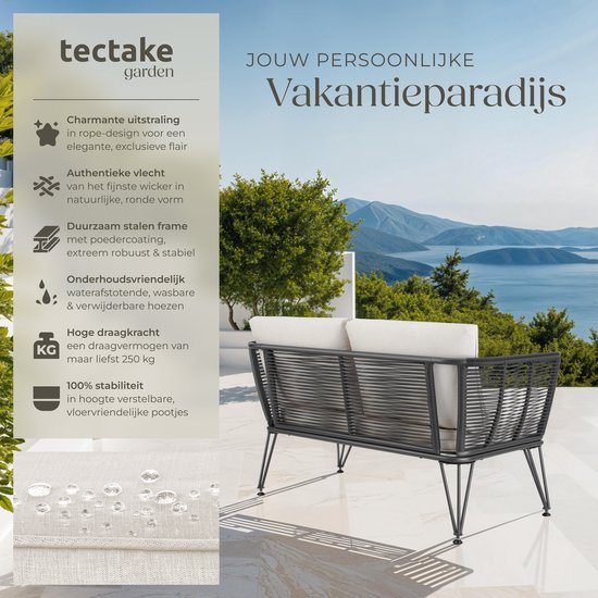tectake® Wicker loungebank - Compacte tuinbank met dikke kussens - Ideaal voor balkon, tuin of terras - Stijlvolle en comfortabele loungebank voor buiten - Rope-design