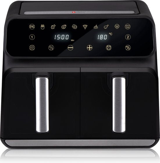 alpina Dubbele Airfryer XL 8L - Heteluchtfriteuse voor 4 tot 8 Personen - Inhoud 2x4L - Digitaal Display - Air Fryer 1700 W - Sync Finish Functie - Zwart