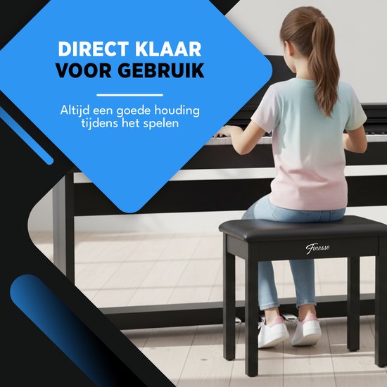 Finesse Pianokruk - met Opbergruimte - Zacht Kussen - Pianobank - Pianostoel - Zwart