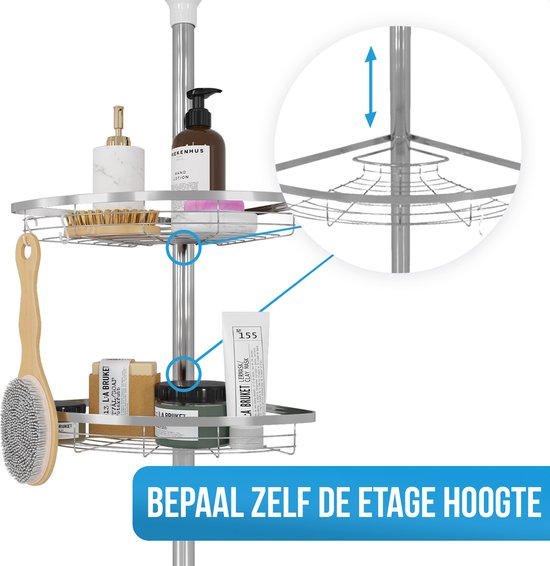 Strex Telescopisch Doucherek RVS - Verstelbaar 70-275 cm - 4 Mandjes - Robuuste Kwaliteit - Bevestigen zonder Boren of Schroeven - Telescopisch Douche Rek Hoek