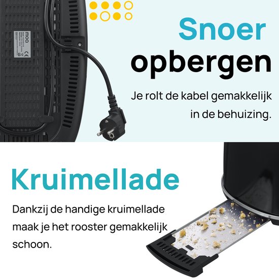 MOA Retro Broodroaster - Toaster voor 4 Sneden - Extra Brede Sleuven - 6 Warmteniveaus - 1500W - Zwart