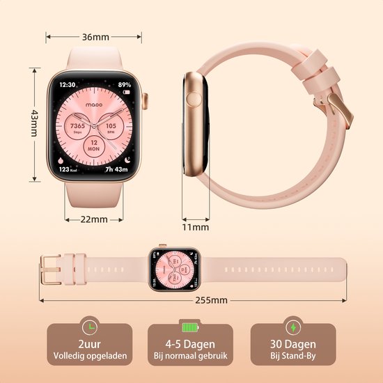 Maoo ProWatch – AMOLED Smartwatch – 43 mm – Bluetooth – Stappenteller – Hartslagmeter – GPS – Waterdicht – 1GB Geheugen – iOS/Android – Rosé Goud