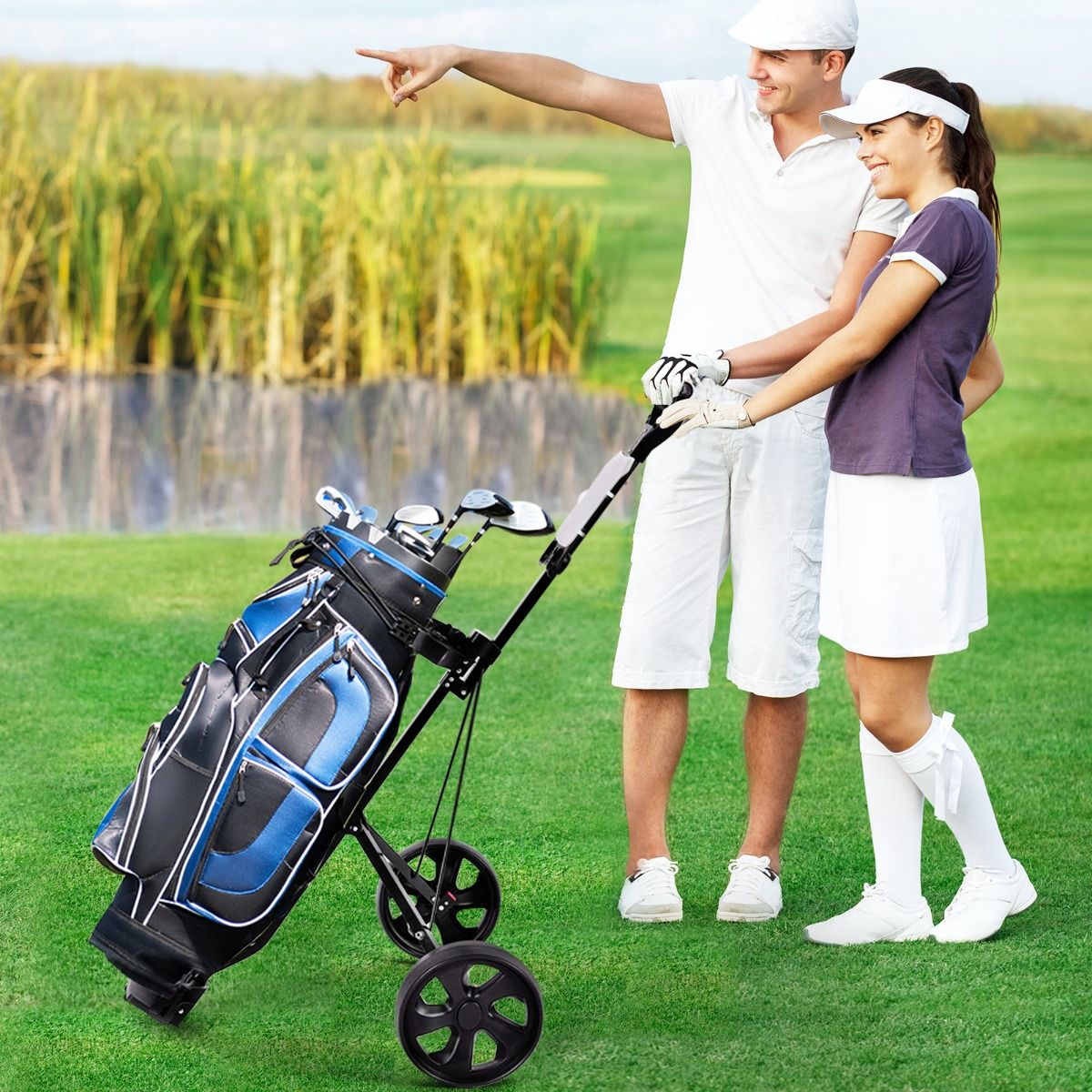 Coast Opvouwbare Golf Trolley van Staal 2-Wiel met Scorekaarthouder – Zwart – 140 x 63,5 x 113 cm