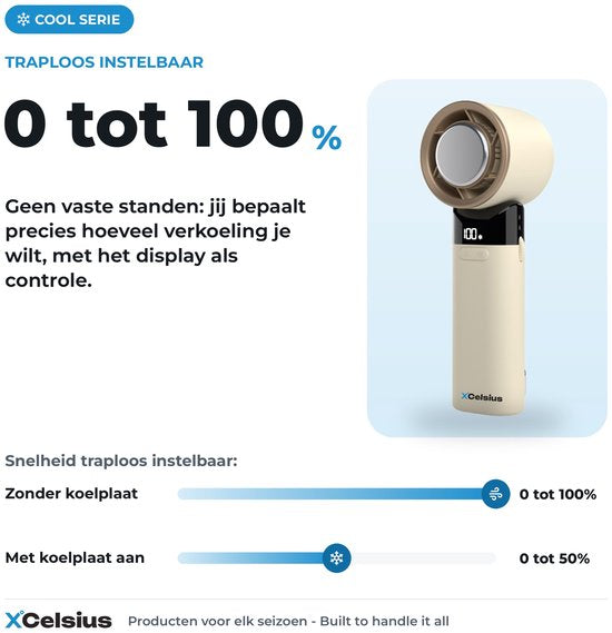 XCelsius® Handventilator - Draagbare Mini Ventilator Opvouwbaar - Oplaadbaar met USB-C - 0% tot 100% traploos instelbaar - Met Instant Koelplaat - Beige/Crème