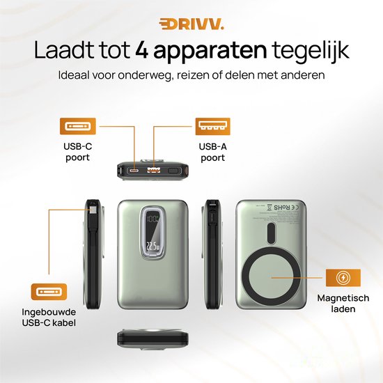 Powerbank 10.000 mAh geschikt voor MagSafe met USB C Kabel - 3 in 1 Ontwerp - 22.5W Draadloze Powerbank - Inclusief 60W Oplaadkabel - Snellaadfunctie - USB & USB C - Zwart -