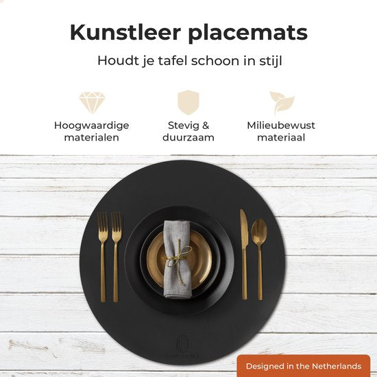 Castagnola Lederlook Placemats - Ronde Placemats - Antislip Placemat van Kunstleer - Waterafstotende Onderlegger - Onderzetter - 6 Stuks - Diameter 38 cm - Zwart