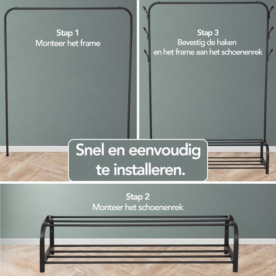 Brixy Kledingrek - Garderoberek - 102x34x152cm - Kledingrek Met Schoenenrek - Industrieel - Metaal - Zwart