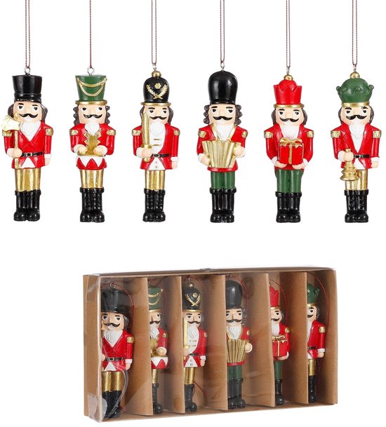 Mica Decorations Kerstornament Notenkraker - Set van 6 - L4 x B2 x H11 cm - Polyester - Rood