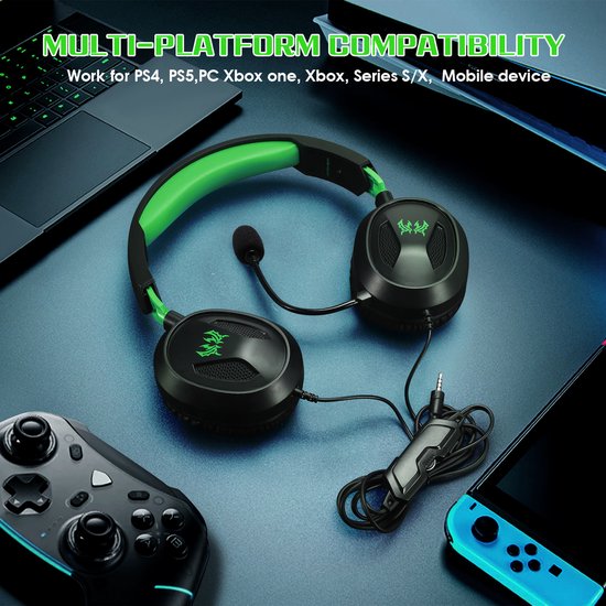 KOTION EACH G3100 Gaming Headset - Over-ear Koptelefoon met Microfoon - Geschikt voor Nintendo Switch,PS5, PS4, Xbox Series X|S, Xbox One, Mobile & PC - Zwart groen