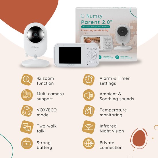 Numsy Babyfoon – Met Camera, Nachtzicht & Terugspreekfunctie – 300 m bereik – 10 x 10 x 4 cm – Wit