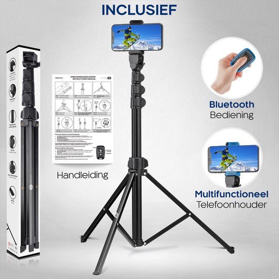 Studio ME Telefoon Statief - 170 cm - Tripod Smartphone - Zwart - Camera Statief - Telefoonhouder - Incl. Bluetooth Afstandsbediening - Tripod Iphone - Statief Telefoon