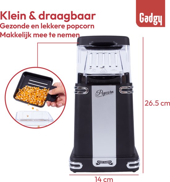 Gadgy Popcorn Machine Retro - Zwart - Hete Lucht Popcorn Maker- 26,5 x 14 CM - Funcooking voor Party & Kids