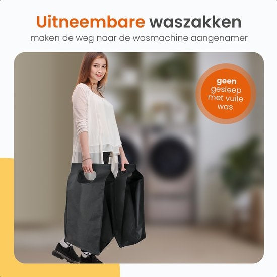 Goliving Wassorteerder – Wasmand met 3 vakken – Wasbox – Oxfort textiel/Metaal/Hout – 3 x 38 Liter – 25 x 92.5 x 71 cm – Zwart