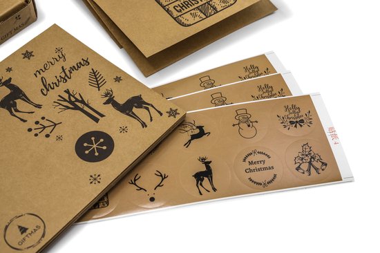 Giftmas - Kerstkaarten - Wenskaarten - 36 stuks - Met enveloppen en stickers - 10x15cm - Bruin