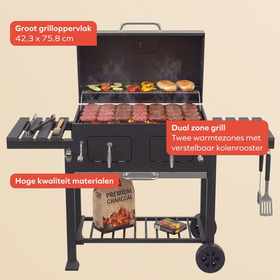 KitchenBrothers Houtskool BBQ XL - Dual Zone Smoker Barbecue - Met Verstelbare Kolenroosters & Inklapbare Zijtafels - PFAS-vrij - 42,3x75,8cm Grilloppervlak - Zwart