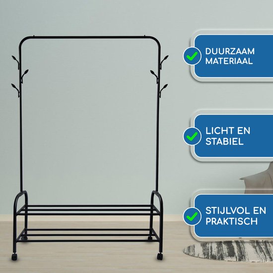 Vonia Kledingrek 157 x 34 x 105 cm - Kledingrek op wieltjes - Kledingrek met Schoenenrek - Kledingrek Metaal - Garderoberek - Zwart