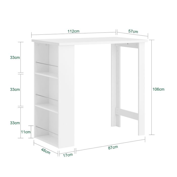 SoBuy Bartafel Wit - 112 x 57 x 106 cm - Met 3 Opbergplanken