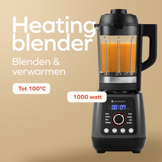 KitchenBrothers Blender - Thermoblender - 1.75L - Kookfunctie - 700+1000W - Smoothie Maker - IJscrusher - Zwart
