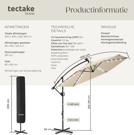 tectake® Zweefparasol met Voet - 3 x 3 m - Tuinparasol met LED-Verlichting op Zonne-Energie - Draaibaar - Waterafstotend Polyester met UV-Bescherming - Inclusief Hoes - Beige