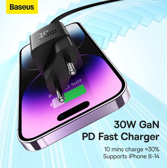 Baseus GaN5 30W Compacte Snellader USB-C PD Zwart
