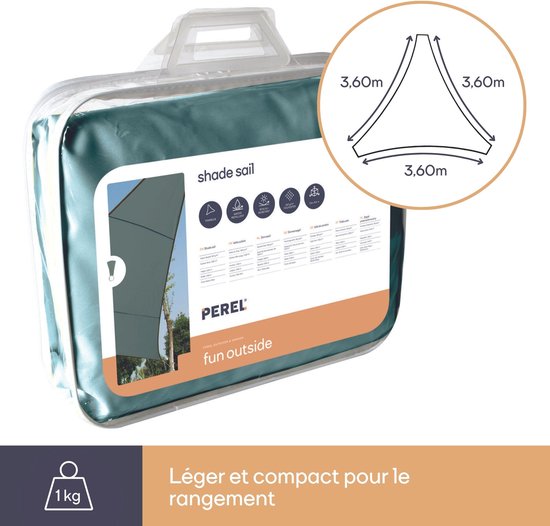 Perel Schaduwdoek, waterafstotend, 3.6 x 3.6 x 3.6 m, 160 g/m², polyester, driehoek, groengrijs