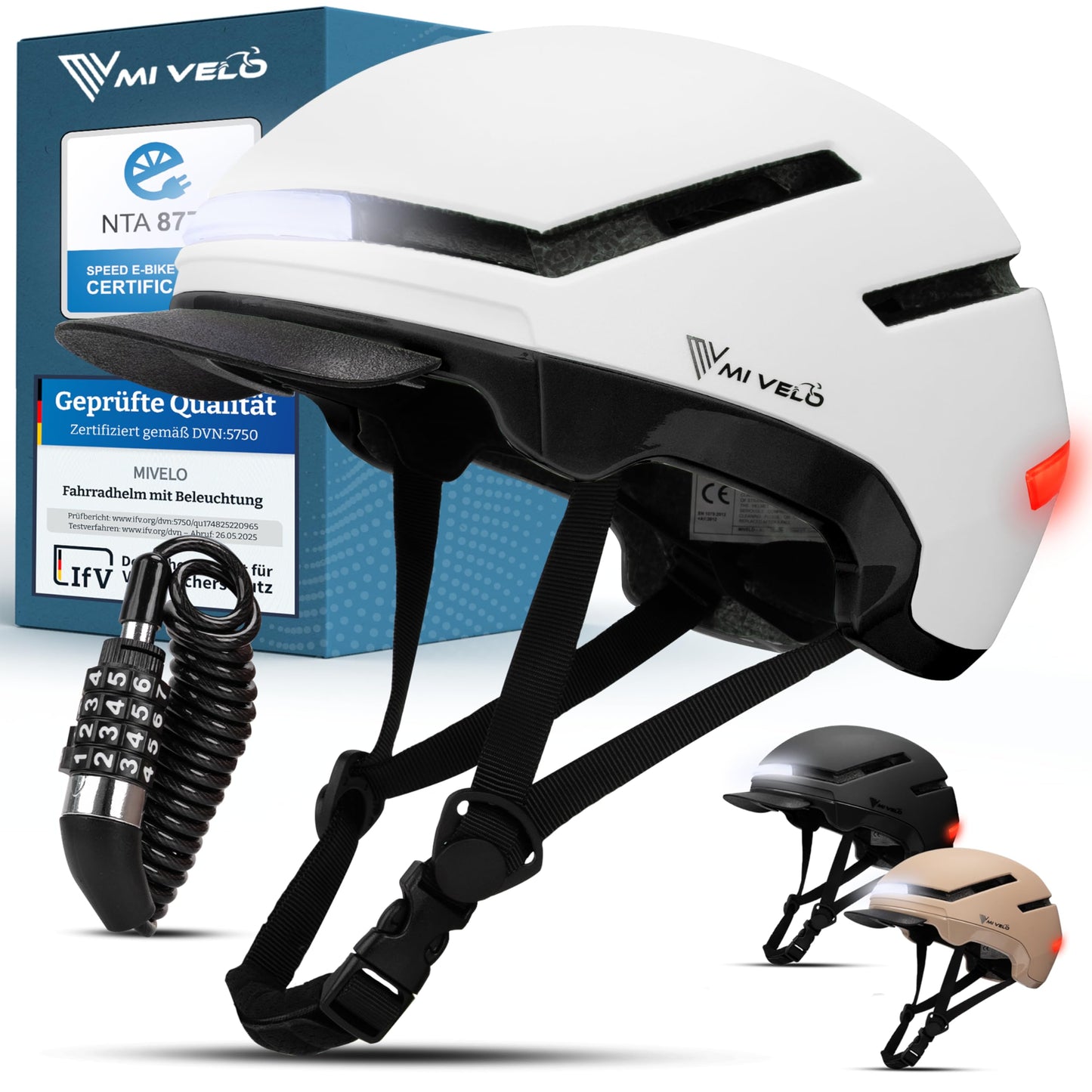 MiVelo Nova fietshelm - wit maat M 54-58 cm - led verlichting voor en achter - NTA 8776 tot 45 km/h